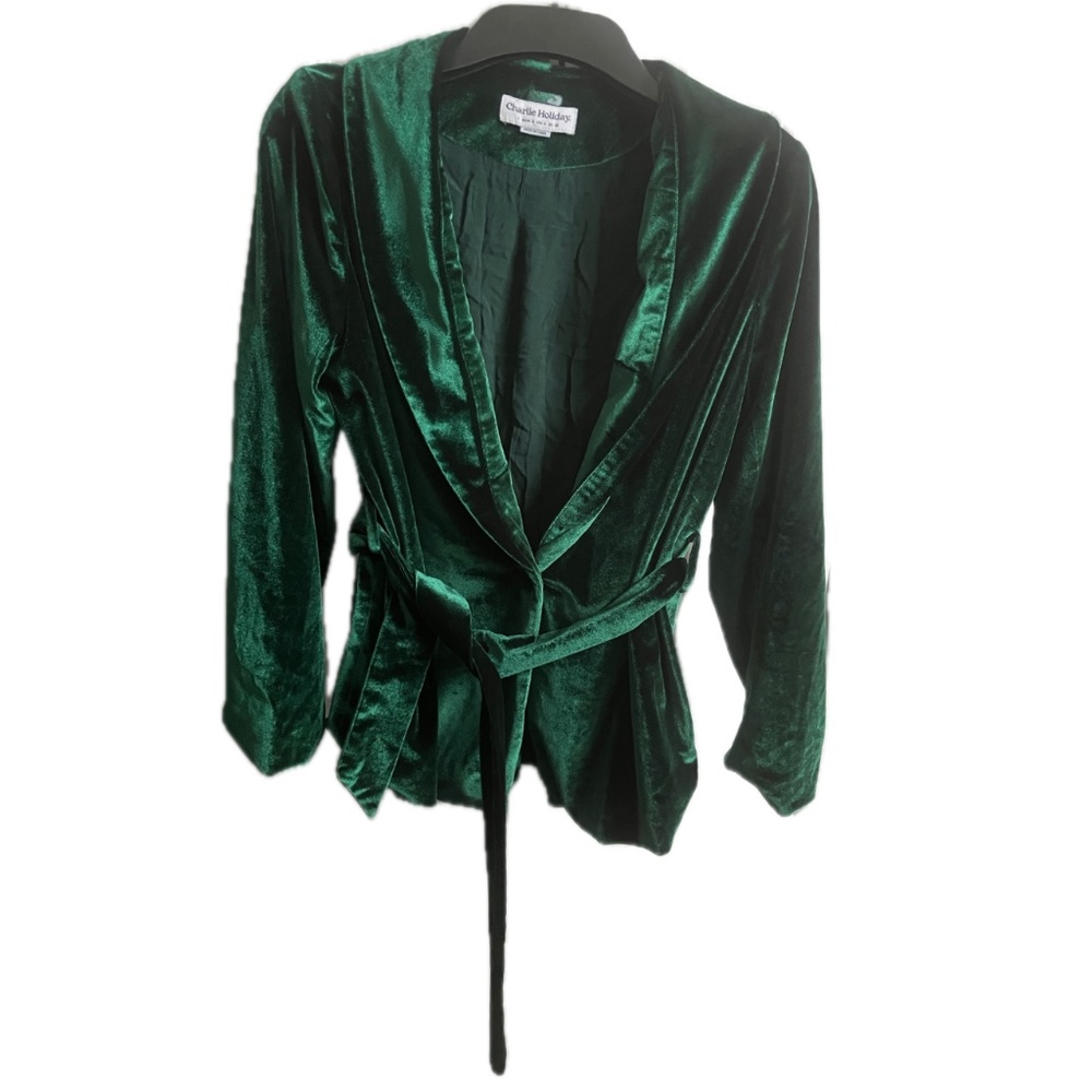 Charlie Holiday Green Velvet Belted Blazer | Sz S - Picture 2 of 3